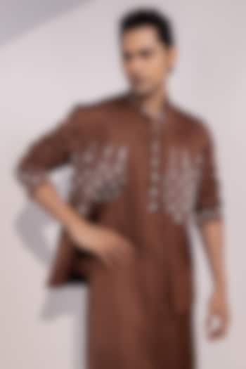 Chocolate Brown Linen Satin Embroidered Nehru Jacket by YOSEBA at Pernia's Pop Up Shop
