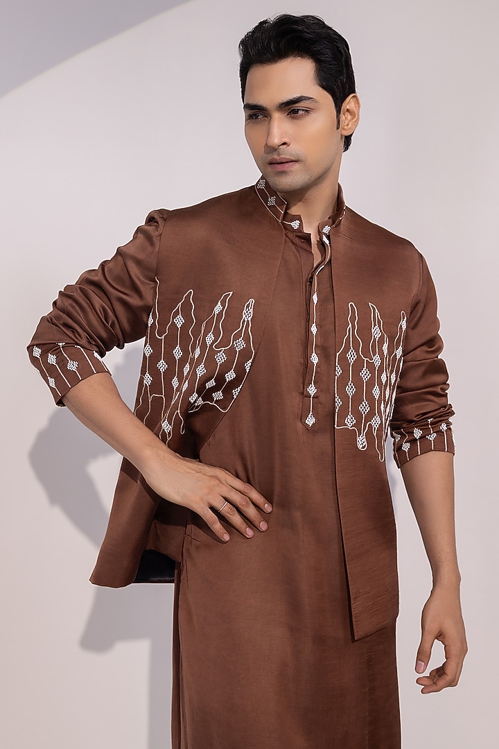 Chocolate Brown Linen Satin Embroidered Nehru Jacket by YOSEBA at Pernia's Pop Up Shop