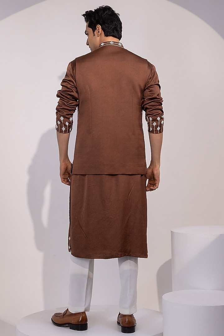 Chocolate Brown Linen Satin Embroidered Nehru Jacket by YOSEBA at Pernia's Pop Up Shop