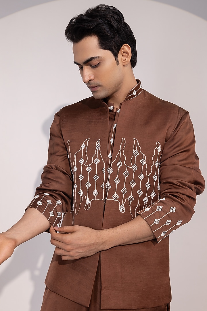Chocolate Brown Linen Satin Embroidered Nehru Jacket by YOSEBA at Pernia's Pop Up Shop