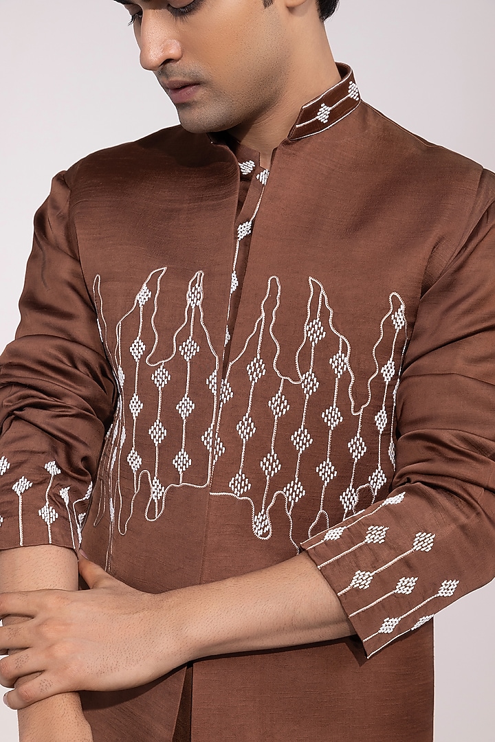 Chocolate Brown Linen Satin Embroidered Nehru Jacket by YOSEBA at Pernia's Pop Up Shop