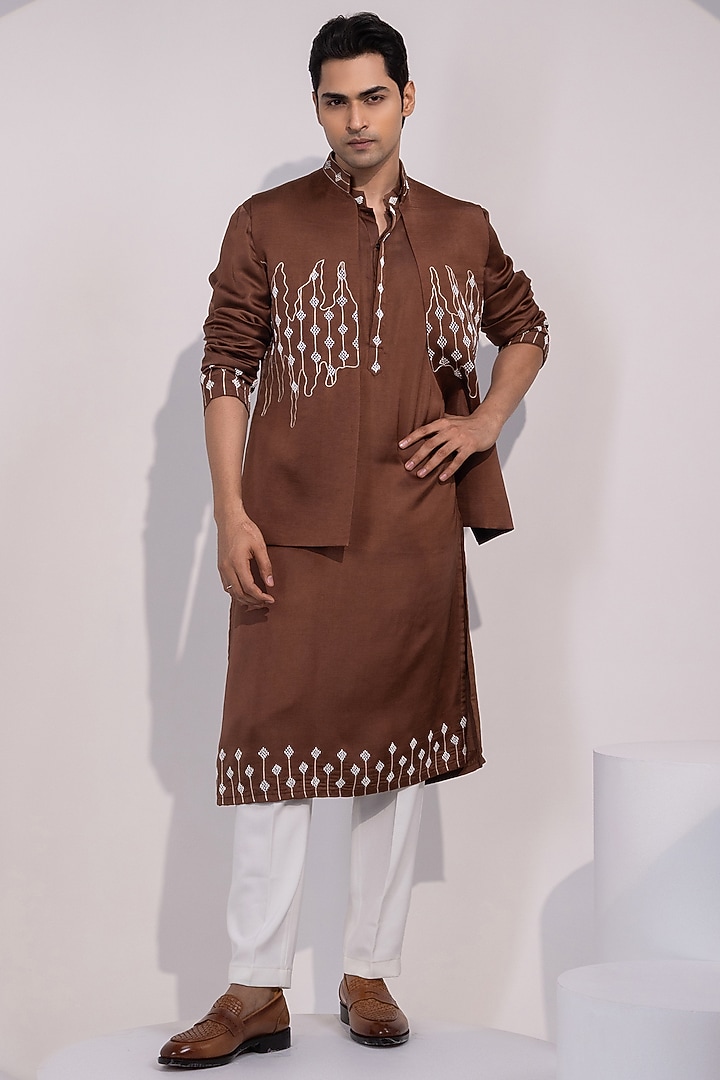 Chocolate Brown Linen Satin Embroidered Nehru Jacket by YOSEBA at Pernia's Pop Up Shop