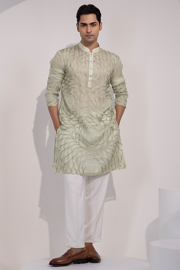 Light Mint Green Organza Embroidered Kurta Set by YOSEBA