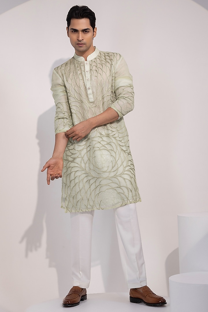 Light Mint Green Organza Embroidered Kurta Set by YOSEBA at Pernia's Pop Up Shop