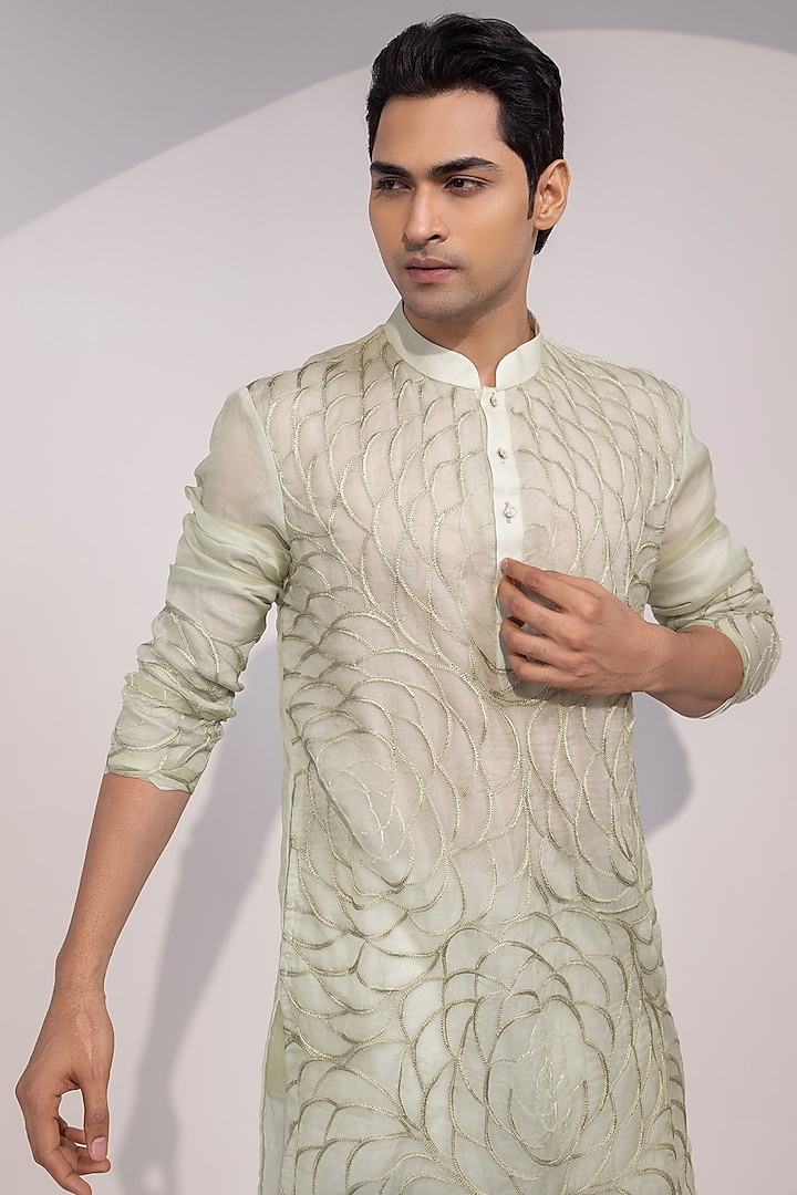 Light Mint Green Organza Embroidered Kurta Set by YOSEBA at Pernia's Pop Up Shop