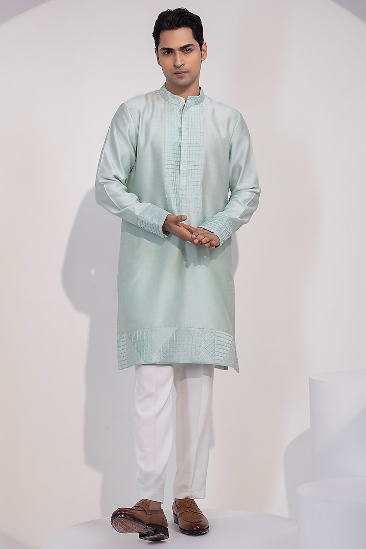 Light Mint Green Chanderi Silk Embroidered Kurta Set by YOSEBA