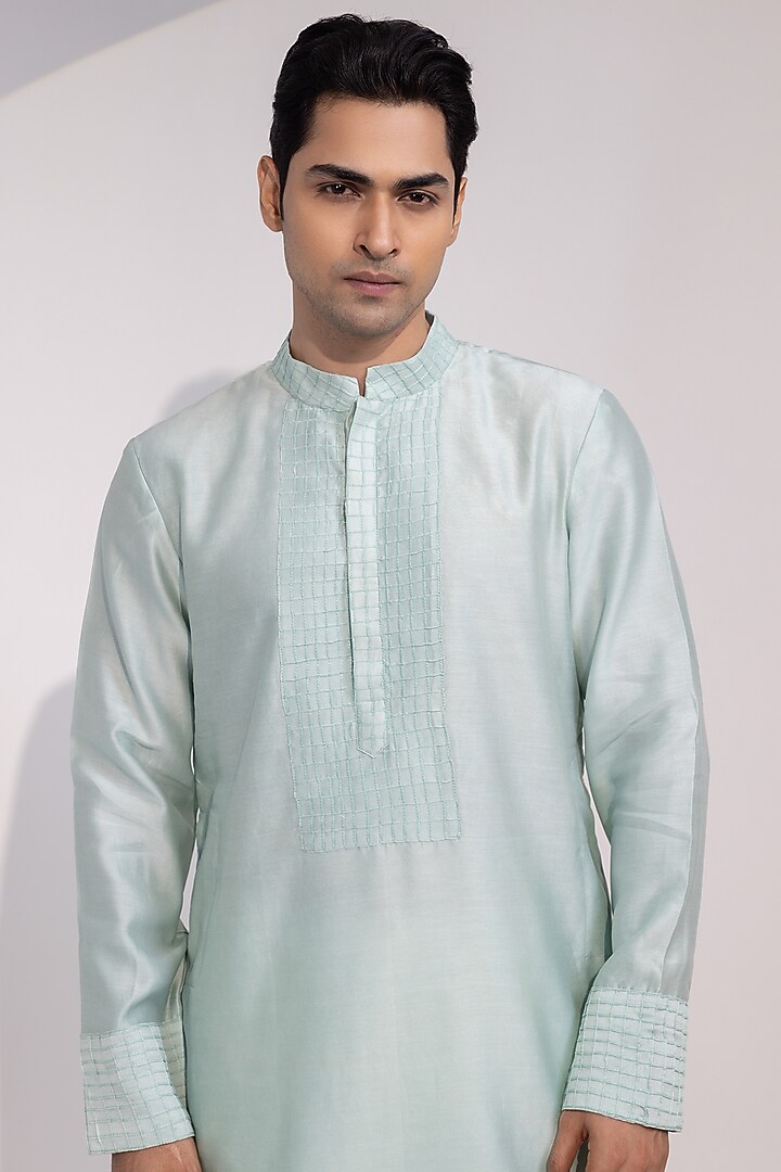 Light Mint Green Chanderi Silk Embroidered Kurta Set by YOSEBA at Pernia's Pop Up Shop