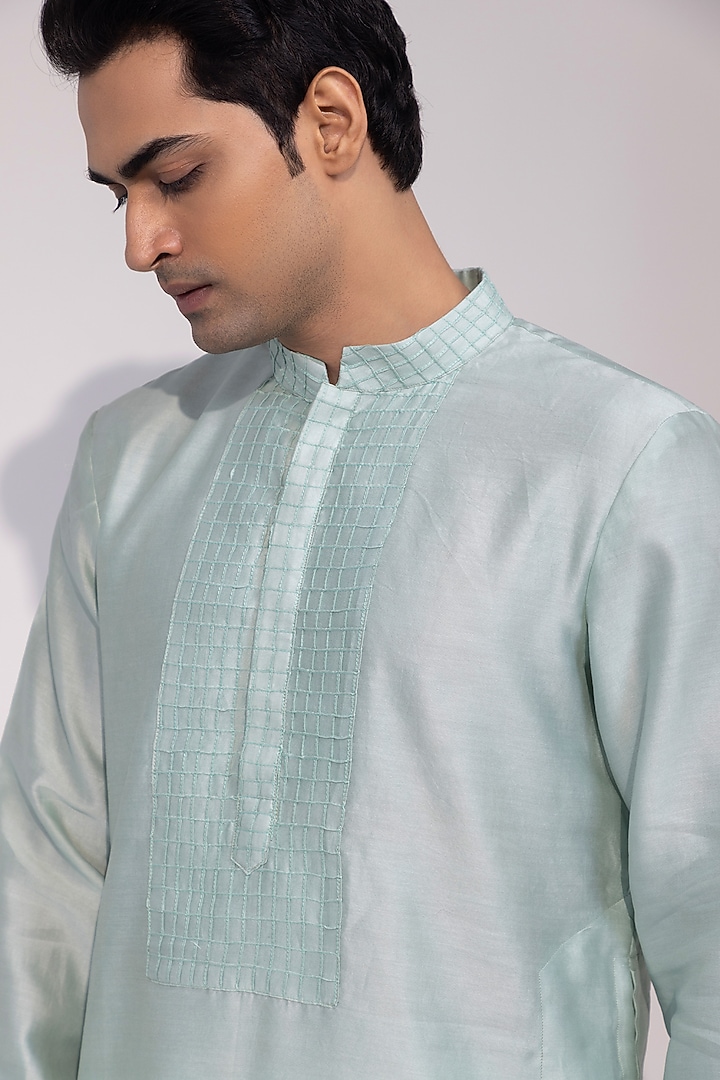Light Mint Green Chanderi Silk Embroidered Kurta Set by YOSEBA at Pernia's Pop Up Shop