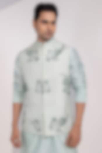 Mint Green Organza Embroidered Nehru Jacket by YOSEBA