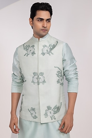 Mint Green Organza Embroidered Nehru Jacket by YOSEBA