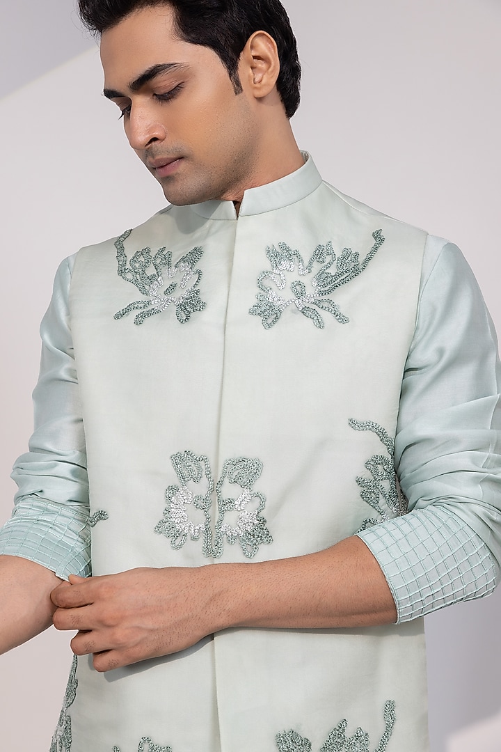 Mint Green Organza Embroidered Nehru Jacket by YOSEBA at Pernia's Pop Up Shop