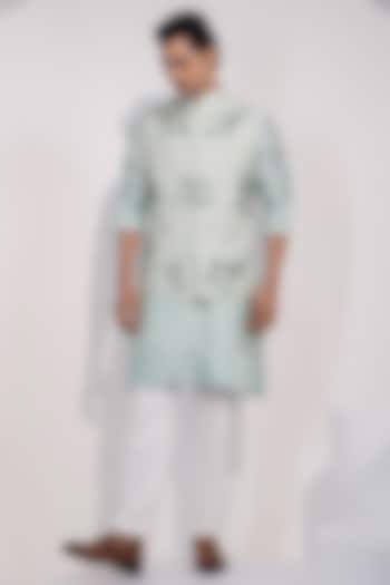Light Mint Green Organza Embroidered Nehru Jacket Set by YOSEBA