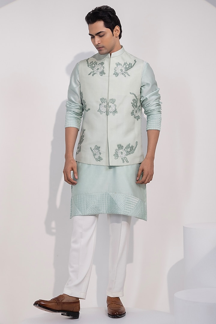Light Mint Green Organza Embroidered Nehru Jacket Set by YOSEBA