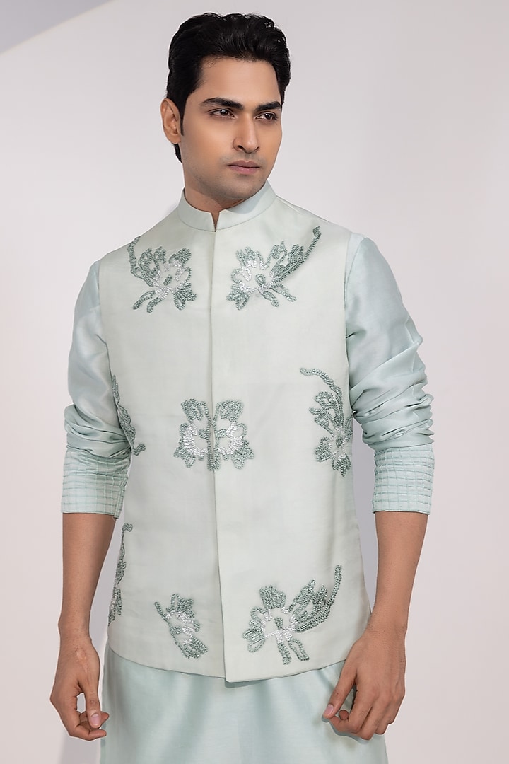 Light Mint Green Organza Embroidered Nehru Jacket Set by YOSEBA at Pernia's Pop Up Shop