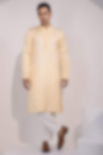 Light Yellow Linen Satin Embroidered Kurta Set by YOSEBA