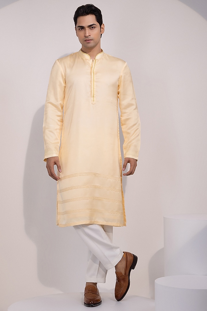 Light Yellow Linen Satin Embroidered Kurta Set by YOSEBA