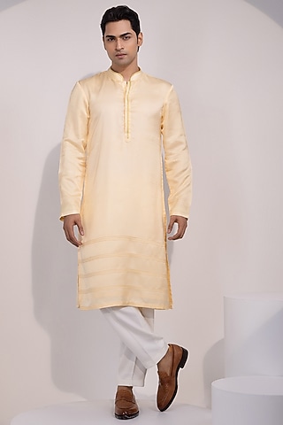 Light Yellow Linen Satin Embroidered Kurta Set by YOSEBA