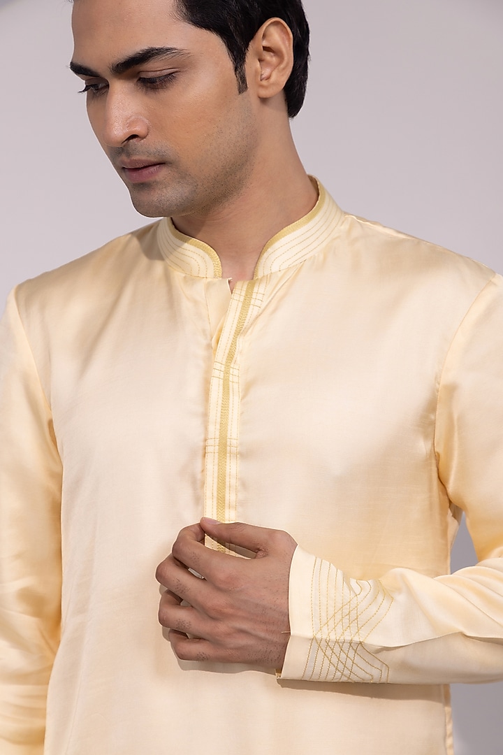 Light Yellow Linen Satin Embroidered Kurta Set by YOSEBA at Pernia's Pop Up Shop