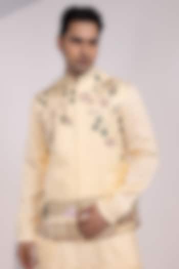 Light Yellow Linen Satin Floral Embroidered Nehru Jacket by YOSEBA