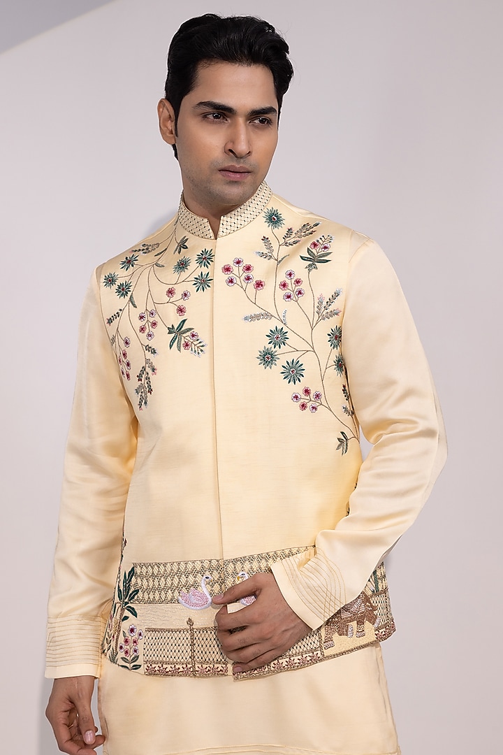 Light Yellow Linen Satin Floral Embroidered Nehru Jacket by YOSEBA