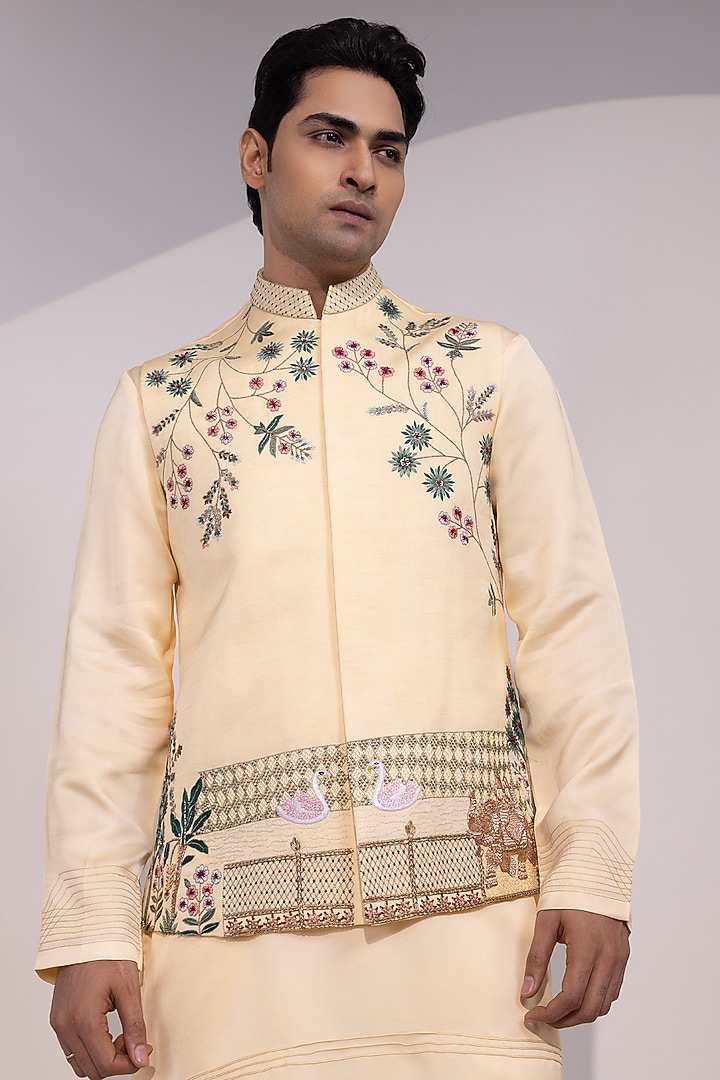 Light Yellow Linen Satin Floral Embroidered Nehru Jacket by YOSEBA at Pernia's Pop Up Shop