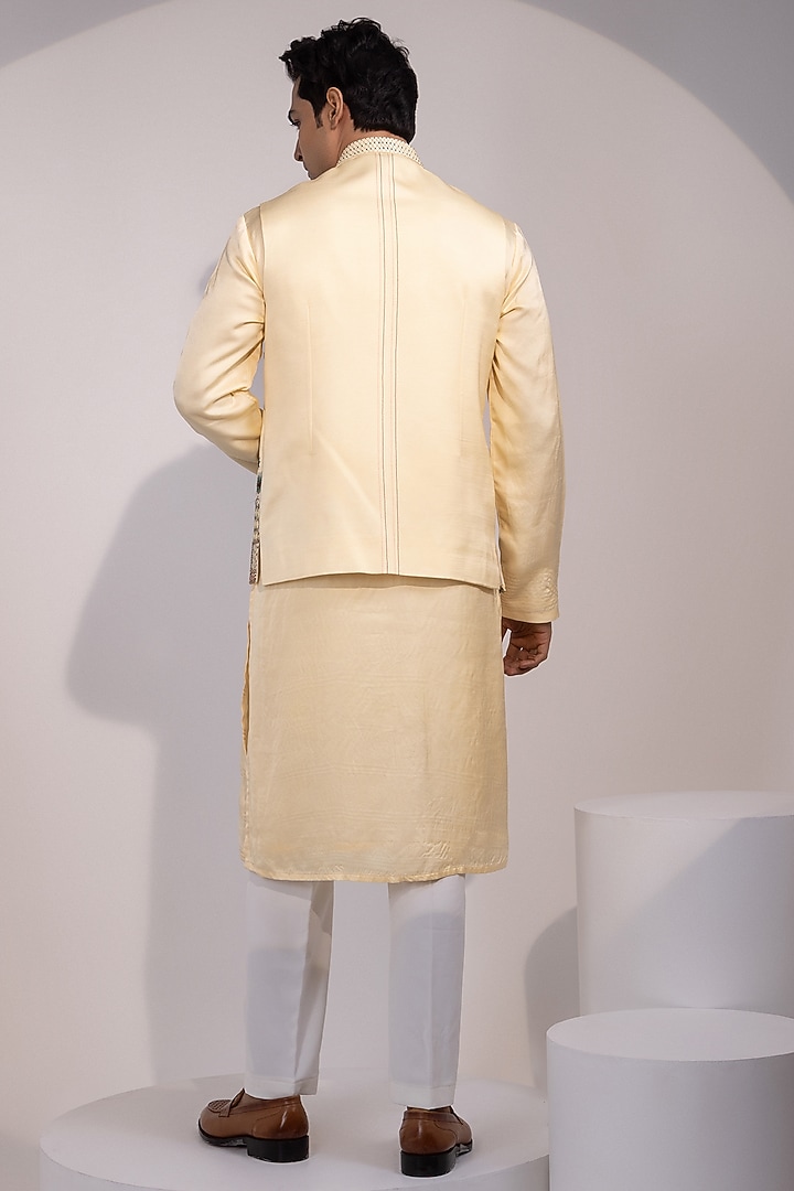 Light Yellow Linen Satin Floral Embroidered Nehru Jacket Set by YOSEBA at Pernia's Pop Up Shop