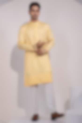 Light Yellow Linen Satin Floral Embroidered Kurta Set by YOSEBA