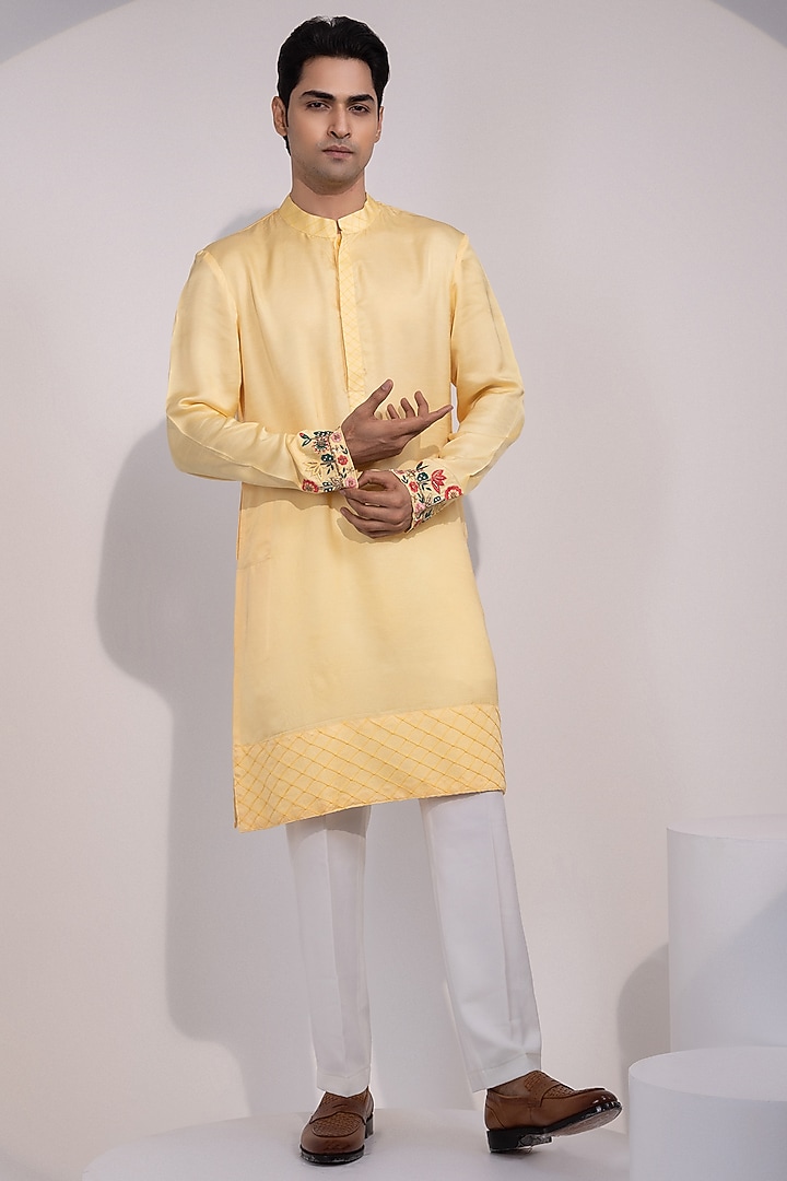 Light Yellow Linen Satin Floral Embroidered Kurta Set by YOSEBA