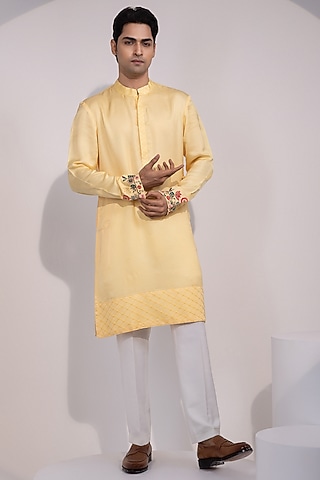 Light Yellow Linen Satin Floral Embroidered Kurta Set by YOSEBA