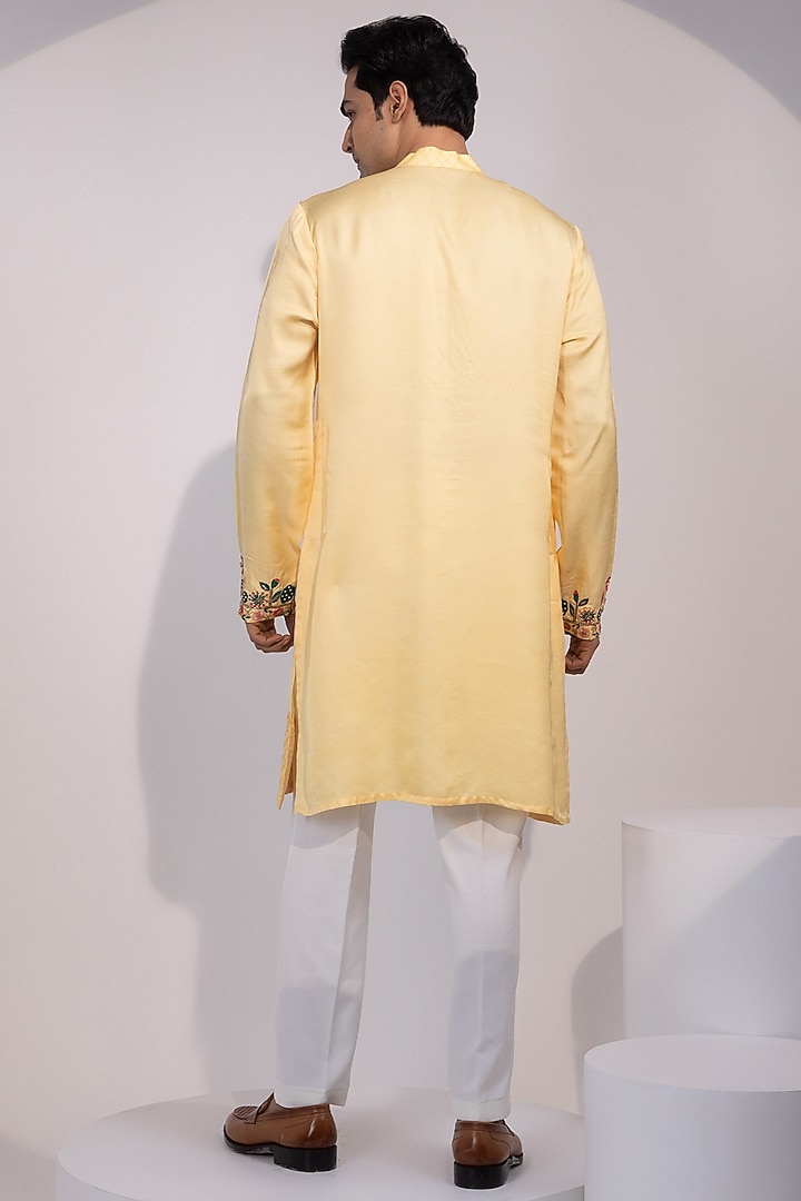 Light Yellow Linen Satin Floral Embroidered Kurta Set by YOSEBA at Pernia's Pop Up Shop