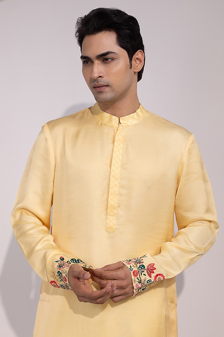 Light Yellow Linen Satin Floral Embroidered Kurta Set by YOSEBA at Pernia's Pop Up Shop