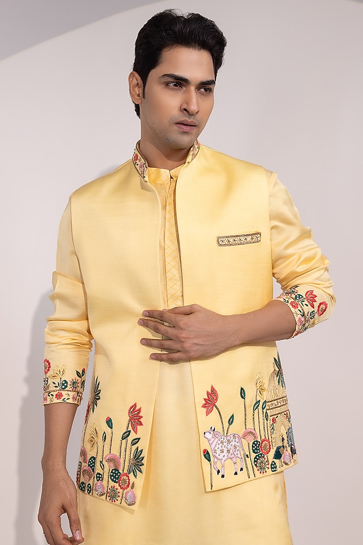 Light Yellow Linen Satin Thread Embroidered Nehru Jacket by YOSEBA