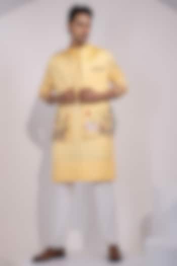 Light Yellow Linen Satin Thread Embroidered Nehru Jacket Set by YOSEBA