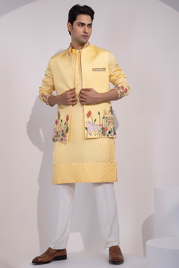 Light Yellow Linen Satin Thread Embroidered Nehru Jacket Set by YOSEBA