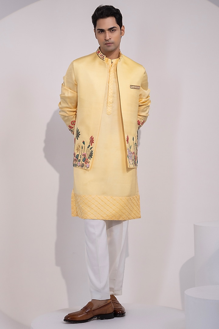 Light Yellow Linen Satin Thread Embroidered Nehru Jacket Set by YOSEBA at Pernia's Pop Up Shop