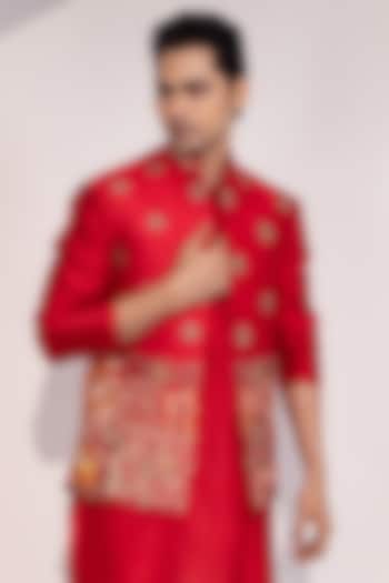 Red Chanderi Embroidered Nehru Jacket by YOSEBA