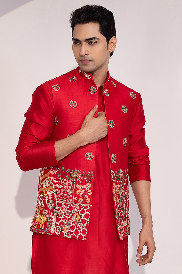 Red Chanderi Embroidered Nehru Jacket by YOSEBA