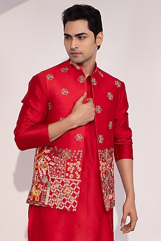 Red Chanderi Embroidered Nehru Jacket by YOSEBA