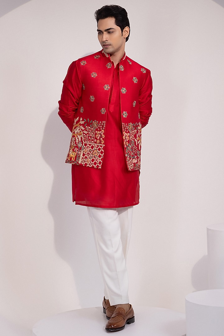 Red Chanderi Embroidered Nehru Jacket by YOSEBA at Pernia's Pop Up Shop