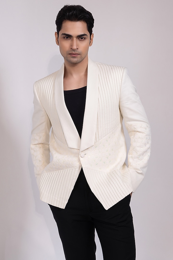 Off-White Premium Suiting Fabric Embroidered Blazer Set by YOSEBA at Pernia's Pop Up Shop