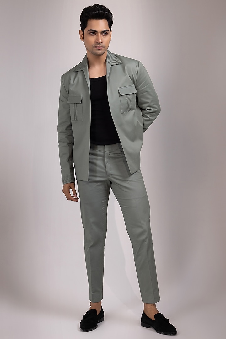 Light Sage Green Premium Suiting Fabric Embroidered Jacket Set by YOSEBA