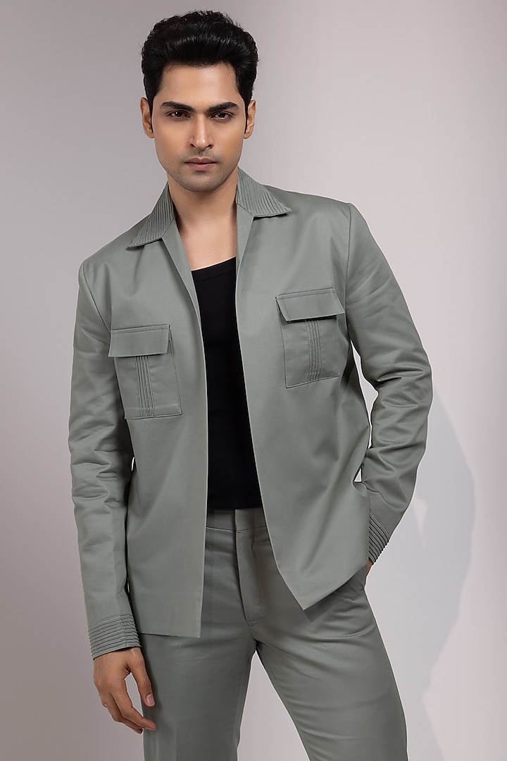 Light Sage Green Premium Suiting Fabric Embroidered Jacket Set by YOSEBA at Pernia's Pop Up Shop
