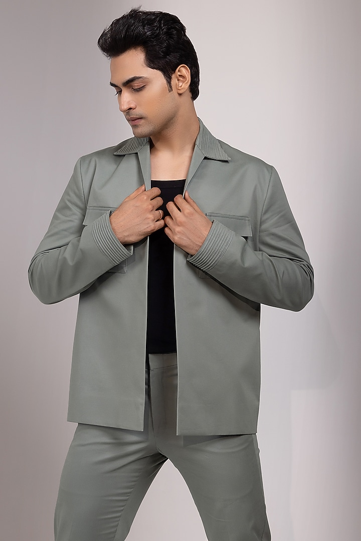 Light Sage Green Premium Suiting Fabric Embroidered Jacket Set by YOSEBA at Pernia's Pop Up Shop