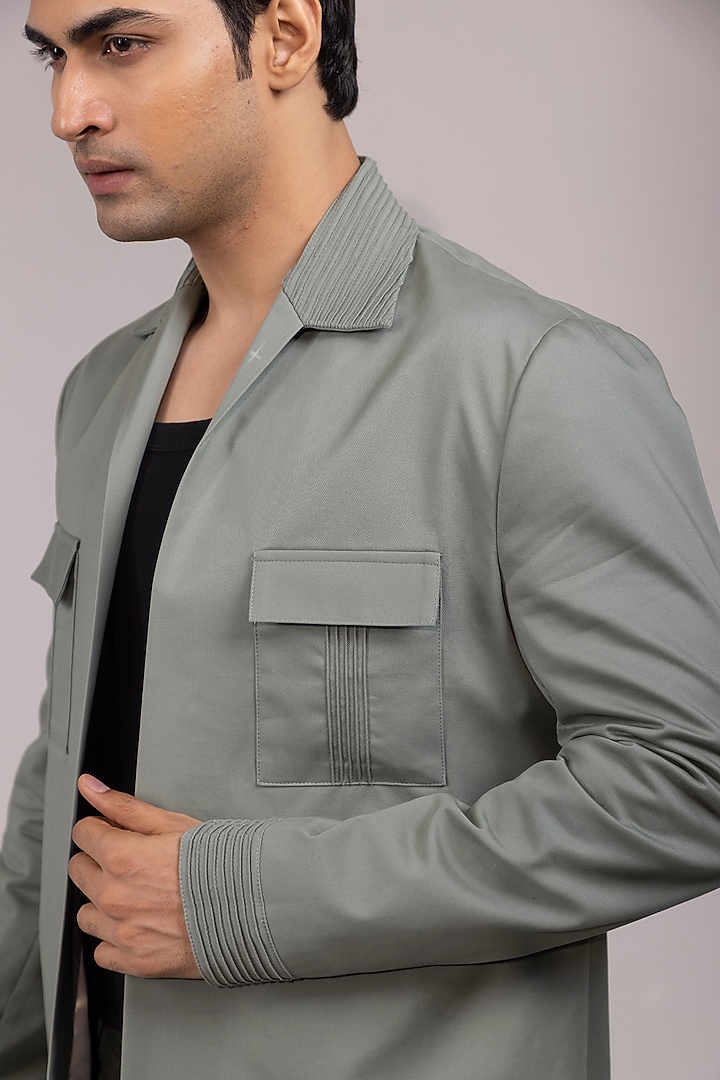 Light Sage Green Premium Suiting Fabric Embroidered Jacket Set by YOSEBA at Pernia's Pop Up Shop