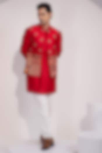 Red Chanderi Embroidered Nehru Jacket Set by YOSEBA