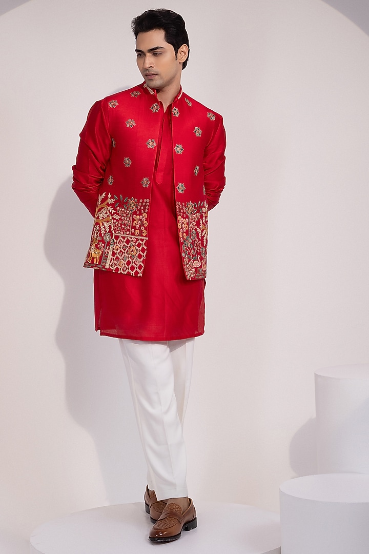 Red Chanderi Embroidered Nehru Jacket Set by YOSEBA