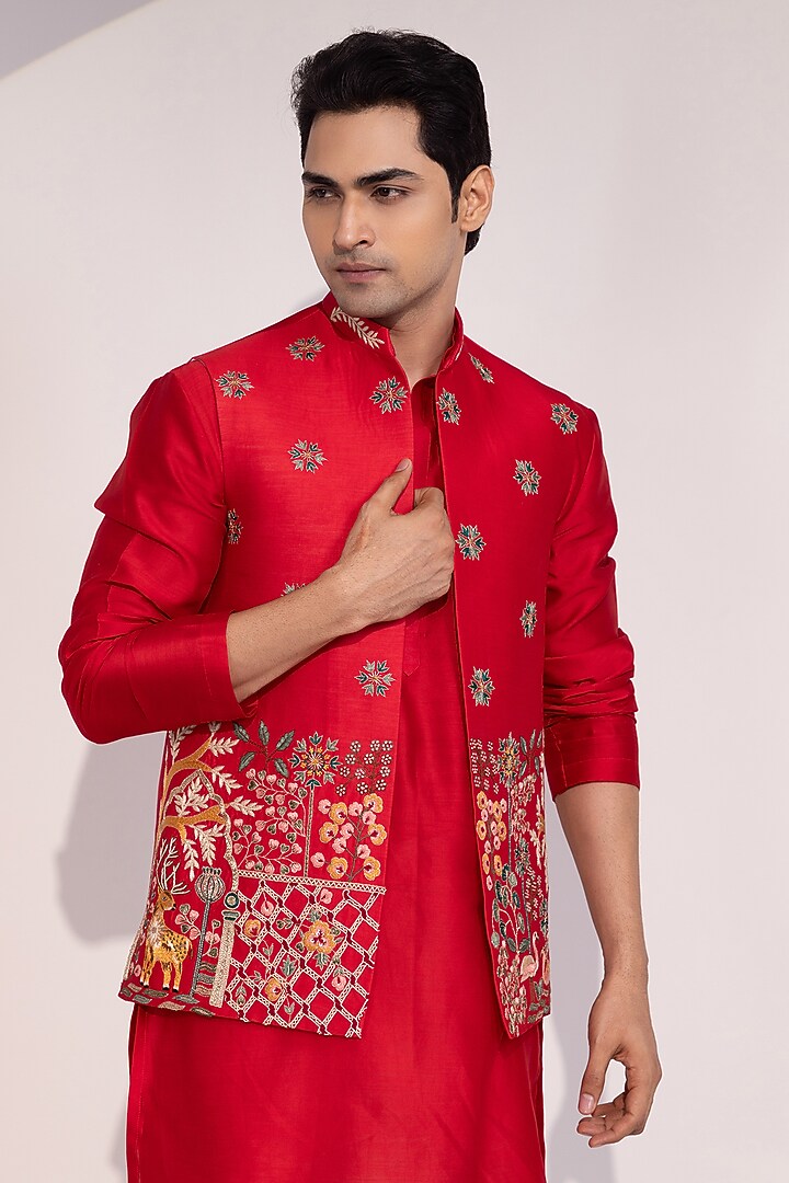 Red Chanderi Embroidered Nehru Jacket Set by YOSEBA at Pernia's Pop Up Shop