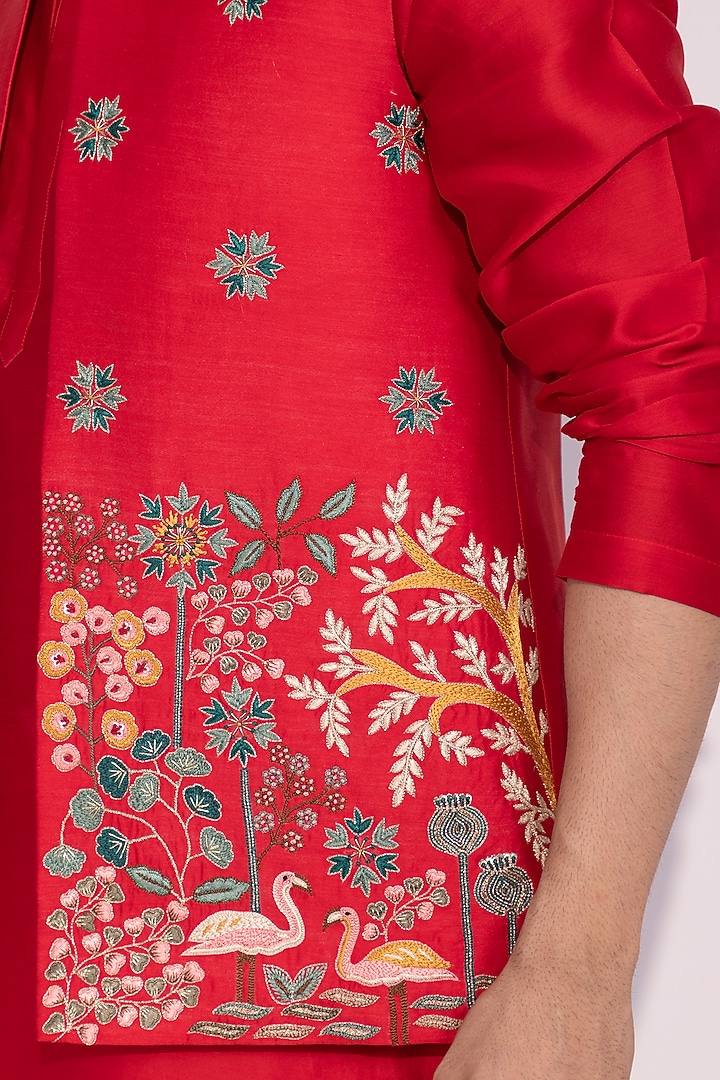 Red Chanderi Embroidered Nehru Jacket Set by YOSEBA at Pernia's Pop Up Shop