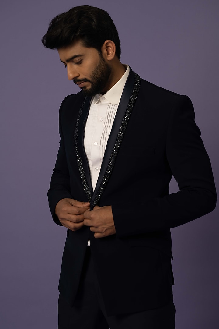 Ink Blue Stretch Embellished Blazer Set by YOSEBA at Pernia's Pop Up Shop