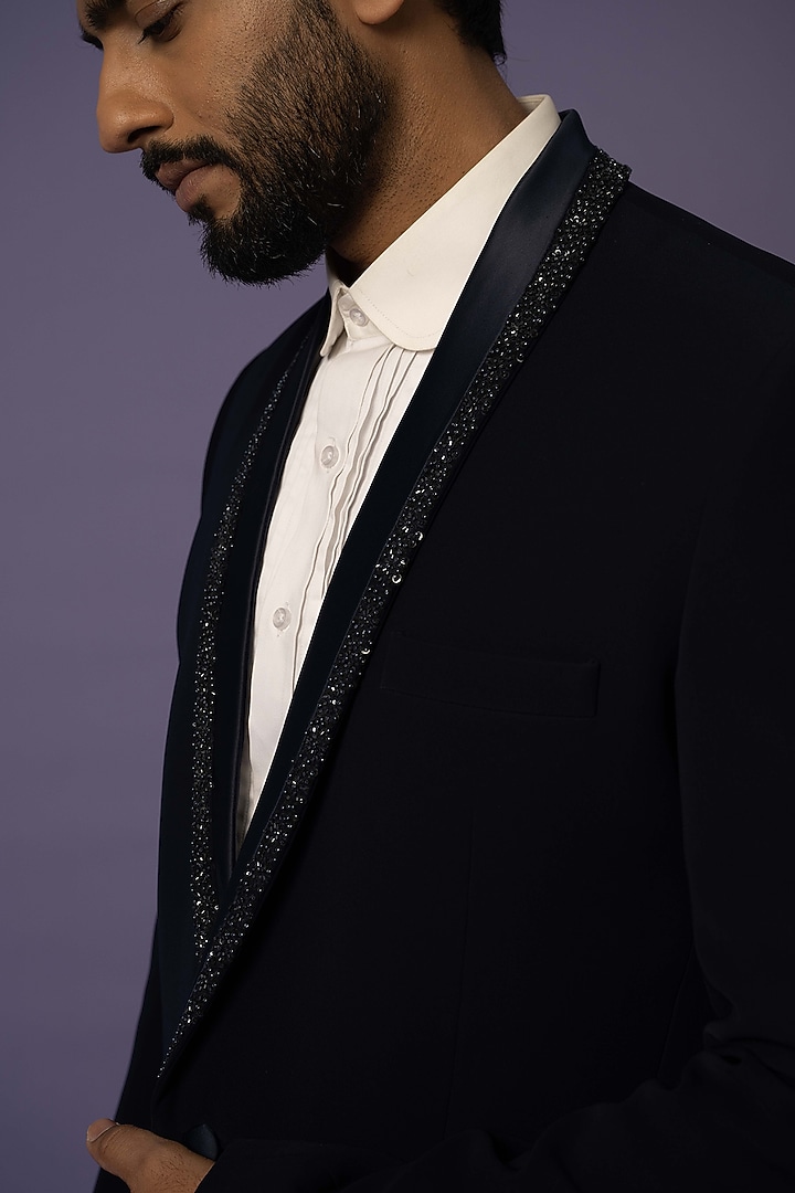 Ink Blue Stretch Embellished Blazer Set by YOSEBA at Pernia's Pop Up Shop